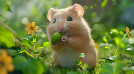 A fluffy hamster nibbles on a sunflower seed, surrounded by vibrant greenery, its tiny paws...