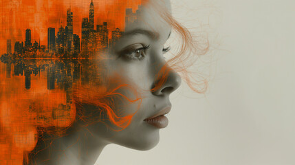 Surrealistic photo combined with reality. Digital collage. A face of woman with view of the town on her hair. Grey and orang colours. Selective  focus.