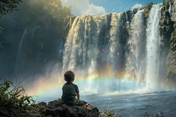 A young boy sits on a rock overlooking a waterfall