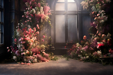 Fototapeta na wymiar Flowers in the dark room with a window and fog. 3d rendering
