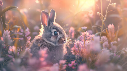A fluffy rabbit nestled among wildflowers, with soft sunlight filtering through the trees, offering ample copy space and a dreamy blurred background