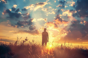 A man stands in a field of tall grass, looking up at the sun - obrazy, fototapety, plakaty