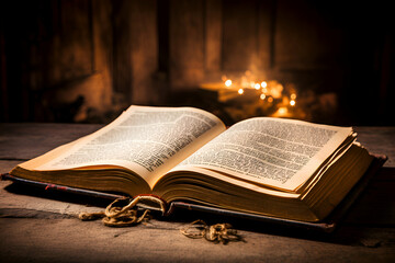 Open holy bible on a wooden table in front of a burning fireplace