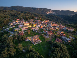 Aerial drone view of valanio village by night in north  corfu,Greece