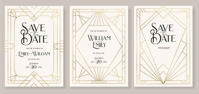 Art deco invitation wedding luxury VIP invite card design, Save the date card, retro pattern for vintage party invitation gold Thank you card. classic antique vector illustration
