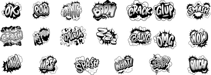 black and white Cartoon comic sign burst clouds. Speech bubble, boom sign expression and pop art text frames. Comics mem expressions speech, superhero book bubbles label. Isolated vector symbols set  - obrazy, fototapety, plakaty