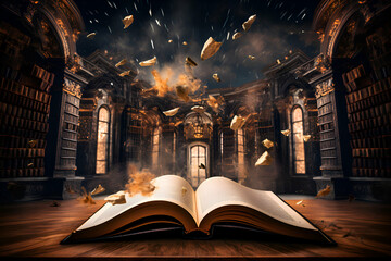 Open book with flying books on wooden floor. Halloween concept. 3D Rendering - obrazy, fototapety, plakaty