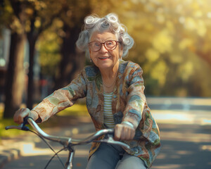Fototapeta na wymiar Full length portrait of a funny cheerful elderly Caucasian woman in glasses and with curlers on her head, riding a bicycle in a city park in sunlight