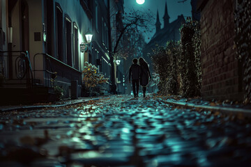 A couple walking down a cobblestone street at night