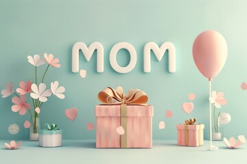 Mother's Day background with gift box, balloons, mom text, hearts.