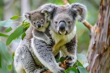 A mother koala is holding her baby on a tree branch