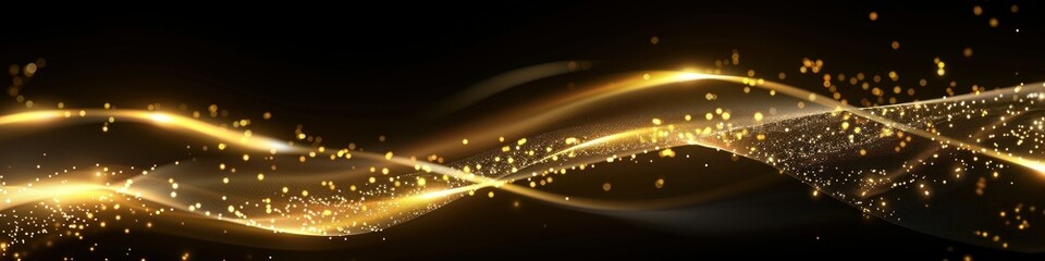 Golden wave with sparkles on dark background. Glowing gold lines. Luxury background.