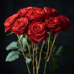 Bouquet of red roses on black background, generative ai