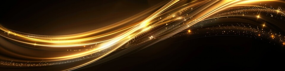 Golden wave with sparkles on dark background. Glowing gold lines. Luxury background.