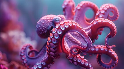 Obraz premium A focused octopus tentacle gently swaying in the ocean depths, with vibrant hues contrasting against a softly blurred coral reef background