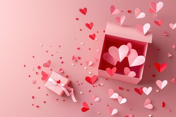 Pink gift box with paper hearts on a pink background. Mother's Day, Valentine's Day decoration.