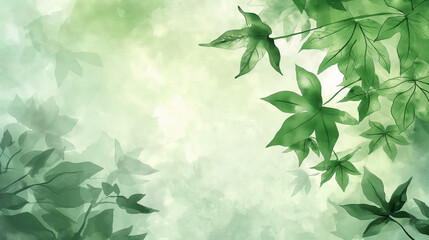 Watercolor drawing sophisticated leaf design on soft green background with ample copy space, backdrop for spring promotions