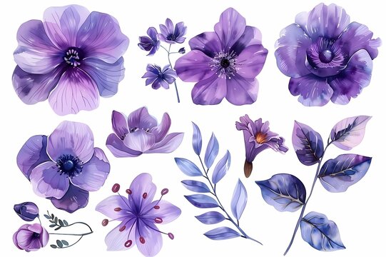 collection of purple flowers on white background