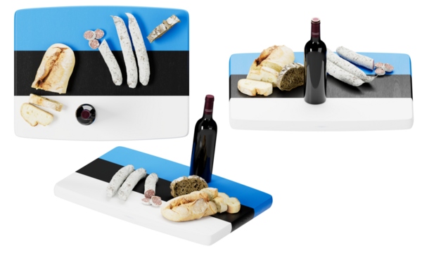 Estonian Inspired Culinary Presentation on Flag-Colored Backdrop with Wine