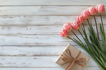 Tulips and gift box on white wooden background. Top view with copy space. Valentine's Day, Woman's Day, Mother's Day, Easter.