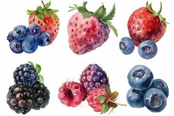 set of berries strawberries, blueberries, blackberries, raspberries Watercolor illustration