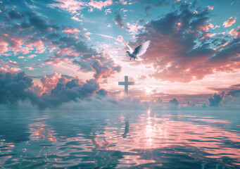 The Cross and White Dove in Ocean under Magical Sky 5