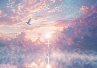 The Cross and White Dove in Ocean under Magical Sky 3