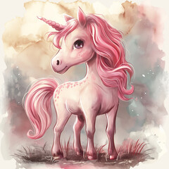 Naklejka premium Watercolor illustration in pink tones of a fairytale pink unicorn