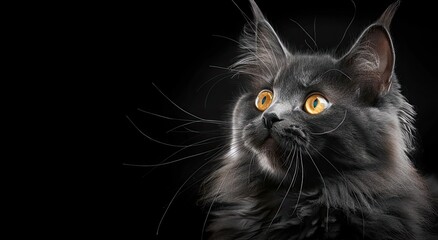 portrait of a black cat, photo studio setting with main lighting, isolated black background and free space - obrazy, fototapety, plakaty
