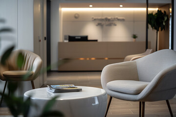 A white office with a large white desk and a white chair