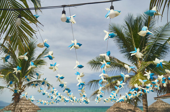 Azure sky reflecting in the water, with a string of blue and white flowers hanging from palm trees. The landscape is a beautiful natural blend of colors