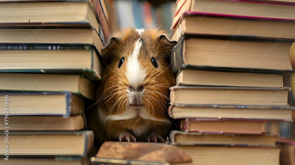 Wall mural A guinea pig peeking out from behind a stack of books on a bookshelf, with blurred book spines creating a cozy backdrop for the scene