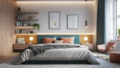 Modern bedroom interior design in apartment or house with furniture. Luxury bedroom scandinavian concept by AI Generated 