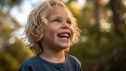 Happy child a blond european boy laughing out loud in nature