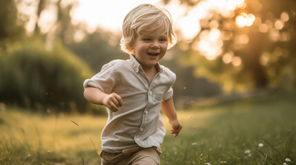 A blond European child boy running barefoot on the grass in nature