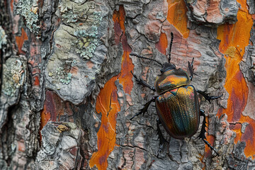 A large beetle is sitting on a tree trunk