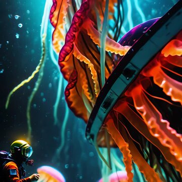 deep sea diver in front of neon giant jellyfish in space water, cinematic composition, hyper-realism, deep sea creature, surreal ocean animal, creepy ocean scenery 