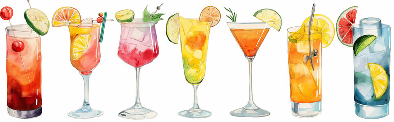 watercolor illustration of a set of various bright summer cocktails