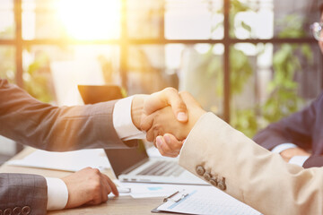 Handshake for a job interview of a young businessman in a modern office. Welcome deal concept.