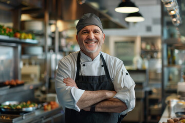 A smiling chef stands in a kitchen with apron on and a hat on his head