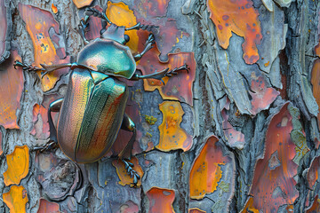 A colorful beetle is on a tree trunk with orange and brown markings