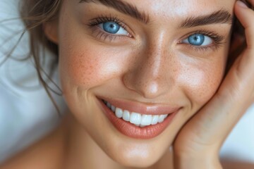 Close up portrait of beautiful young woman with blue eyes, smiling.