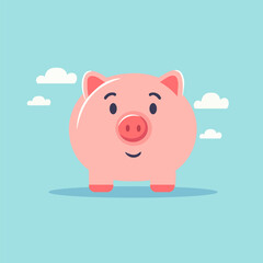 Cute pink pig smiling on a blue background with clouds. Animal vector icon