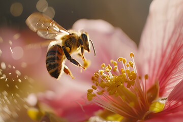A bee is flying over a pink flower