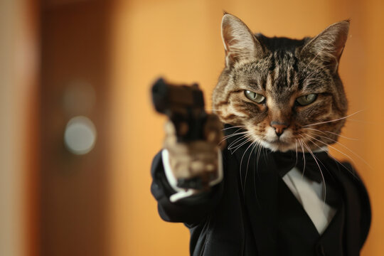 A tabby cat wearing a black suit, positioned as if it is holding a small handgun towards the camera, with a stern expression on its face in a room with a warm-colored wall.