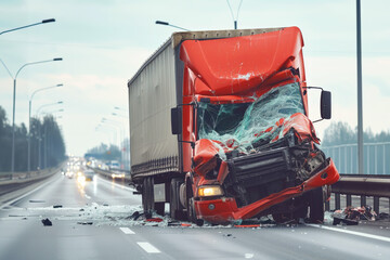 A red semi truck with a damaged windshield is standing down the highway under the cloudy sky