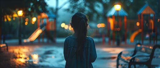 Alone in the Urban Playground: A Young Girl Reflecting on Isolation and Trauma at Dusk. Concept Urban Environment, Isolation, Trauma, Reflection, Dusk