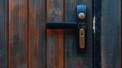 A digital security lock installed on a wooden door