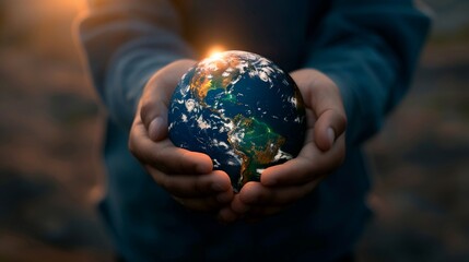 A pair of hands cradling a glowing Earth globe in a dark setting