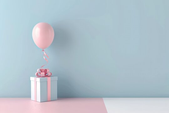 Gift box and pink balloon on pastel background. 3D Render